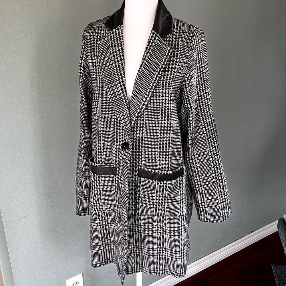 JET John Eshaya Wool Plaid Long Line Jacket Blazer Leather Trim Size Med/Lg